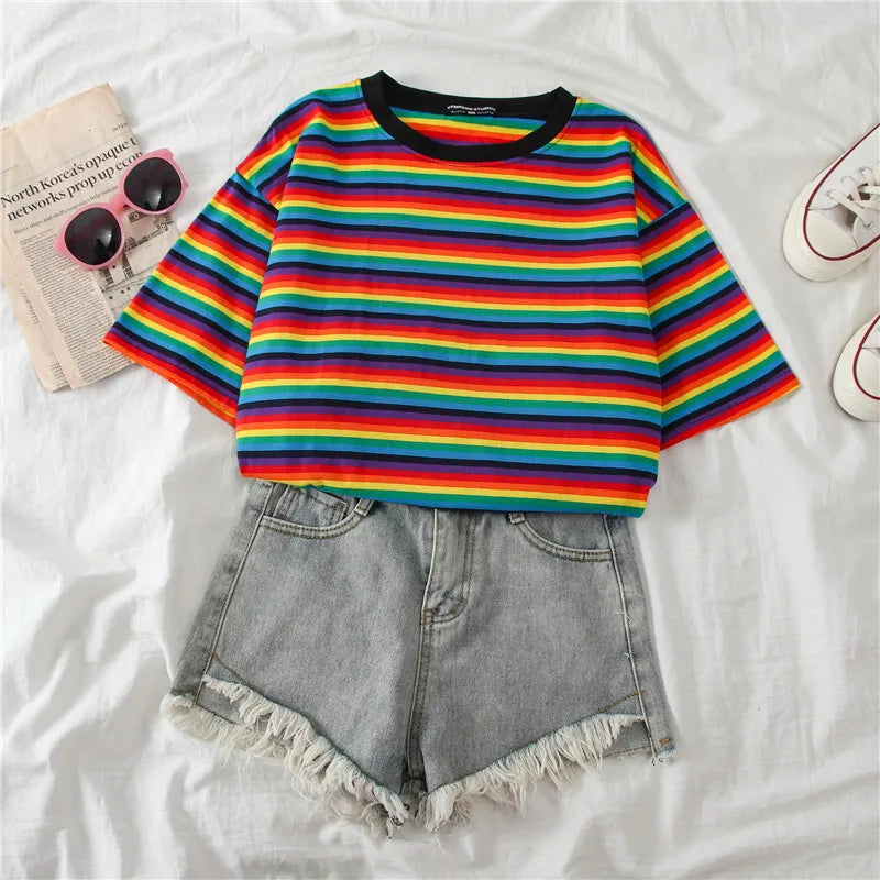 Sweet Rainbow Stripe Women Summer T-Shirt Minimalist Short Sleeve Women Clothes Tops Tee Shirt Couple Clothes Tshirt Top