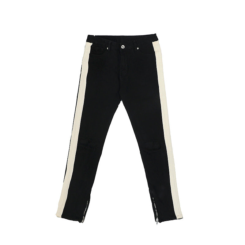 Black And White Webbing Stitching Slim-Fit Stretch Jeans With Holes