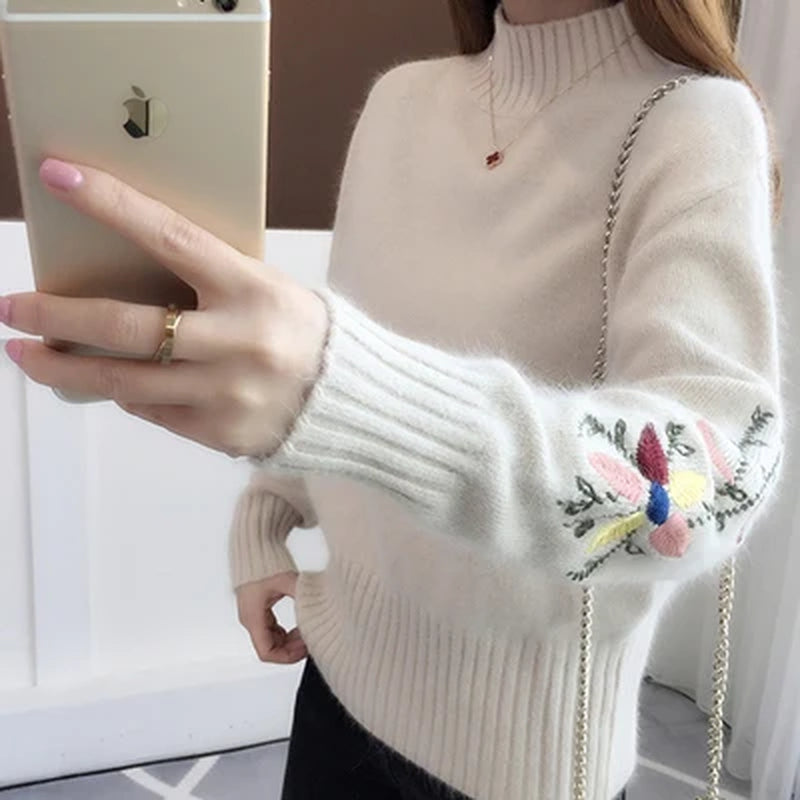 Winter Half Turtleneck Knitted Sweater Korean Pullover Women Clothes Fashion Embroidery Flower Pull Femme Loose Ladies Tops H818