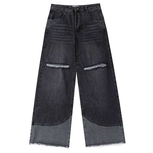 Fringed Ripped Straight Wide Leg Jeans