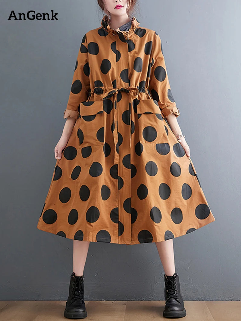 2022 Autumn Winter Oversized Polka Dot Long Trench Coat for Women Clothes Stand Collar Drawstring Fashion Casual Loose Outerwear