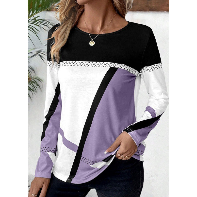 Pullover Round Neck Contrast Color Stitching Geometric Print Top