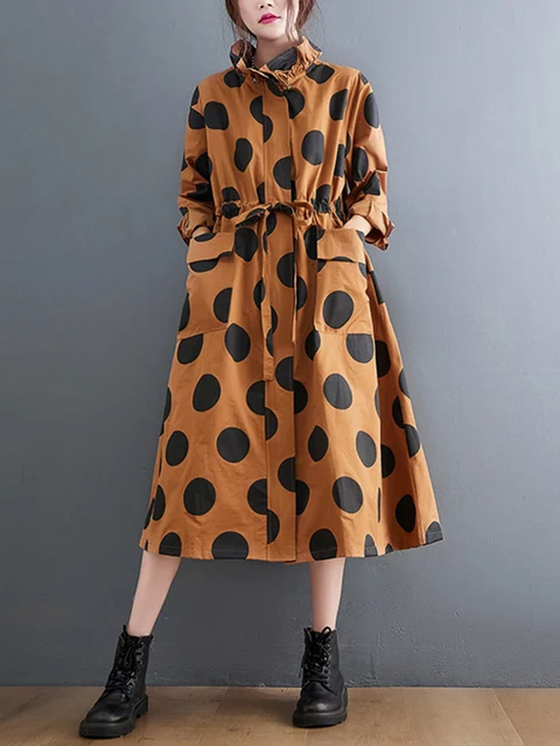 2022 Autumn Winter Oversized Polka Dot Long Trench Coat for Women Clothes Stand Collar Drawstring Fashion Casual Loose Outerwear