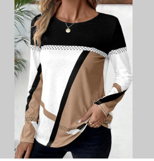 Pullover Round Neck Contrast Color Stitching Geometric Print Top