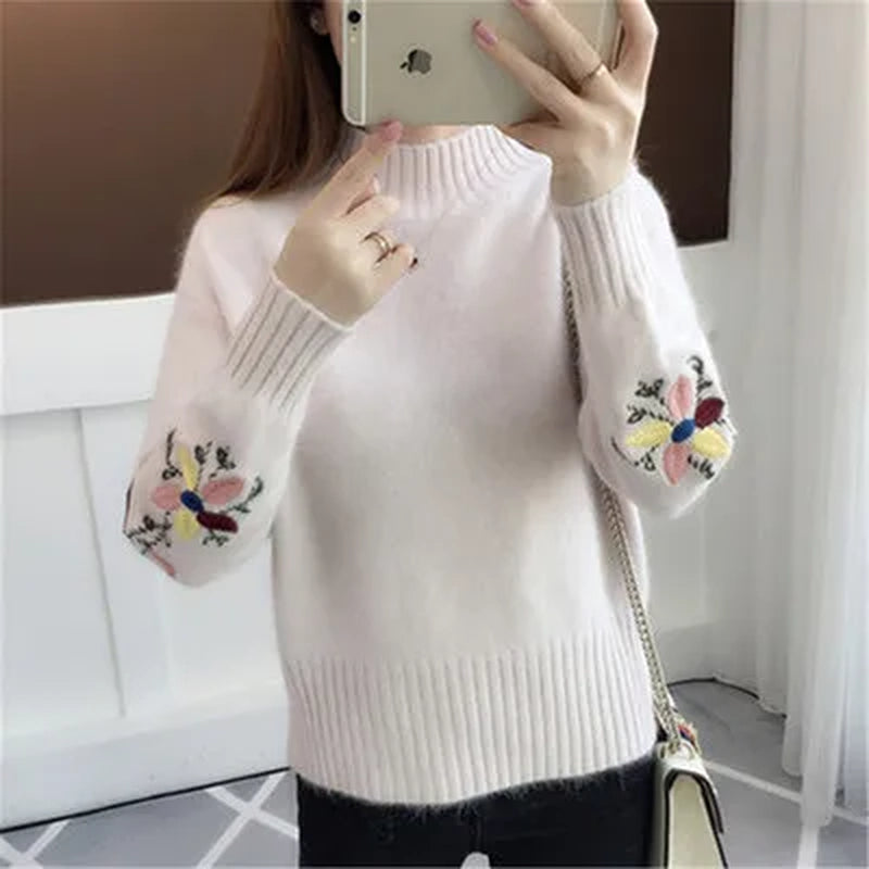 Winter Half Turtleneck Knitted Sweater Korean Pullover Women Clothes Fashion Embroidery Flower Pull Femme Loose Ladies Tops H818