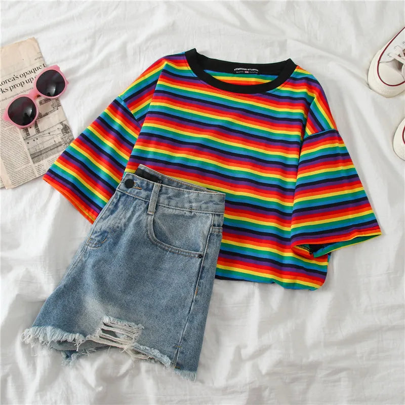 Sweet Rainbow Stripe Women Summer T-Shirt Minimalist Short Sleeve Women Clothes Tops Tee Shirt Couple Clothes Tshirt Top